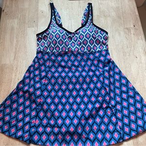 SEA & SAND BEACHWEAR Swim Blue Dress! Two Print Swing Skirt Swimsuit! Size 12